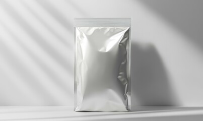 A white, blank, foil pouch on a table.