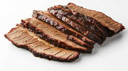 Slow-cooked brisket slices, tender and smoky, on a flat white background