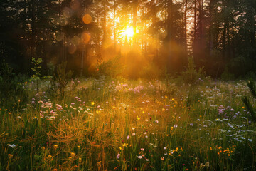 A field of flowers with a bright sun shining through the trees