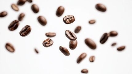 Naklejka premium explosive coffee bean scatter captured midair against a pristine white backdrop rich brown beans frozen in dynamic motion showcasing the energy and aroma of freshly roasted coffee