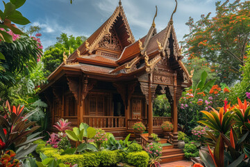 Obraz premium A small wooden house with a porch and a garden in front of it