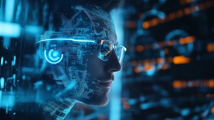 A futuristic profile of a person with glasses surrounded by digital data, symbolizing technology, AI, and virtual reality.