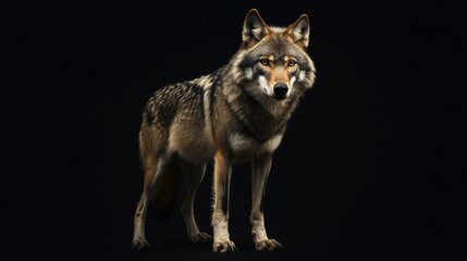 Fototapeta premium A dark wolf stands out against a black background.