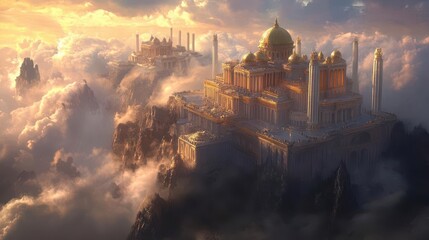 Naklejka premium fantastical palace atop mount olympus home of the greek gods gleaming marble columns and golden domes pierce the clouds surrounded by ethereal mists and otherworldly light