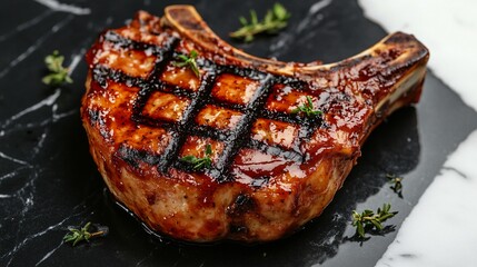Succulent BBQ pork chop with grill marks, isolated on a white and black marble background