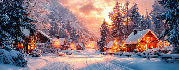 Christmas postcard. Snow-capped mountain village. Cabins