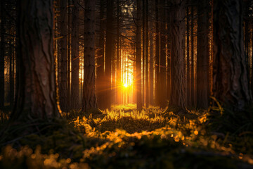 A forest with a sun shining through the trees