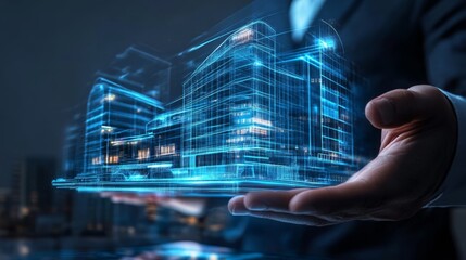 A person holds a transparent, digital representation of a futuristic building, emphasizing technology and architecture in a modern urban setting.