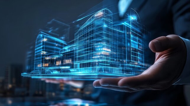 A person holds a transparent, digital representation of a futuristic building, emphasizing technology and architecture in a modern urban setting.