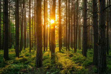 Obraz premium A forest with a sun shining through the trees