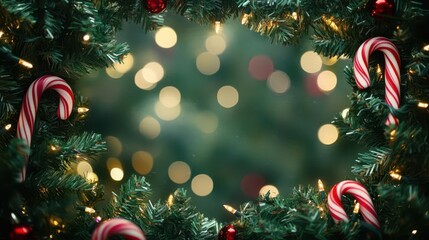 festive frame of evergreen branches adorned with classic candy canes rich deep greens contrasting with crisp red and white stripes subtle bokeh lights adding holiday sparkle