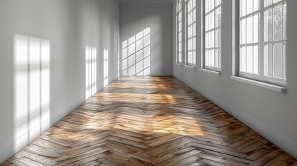 Empty room interior with light gray wall and wooden floor, white background, sunlight shadow effect. 3D rendering. 