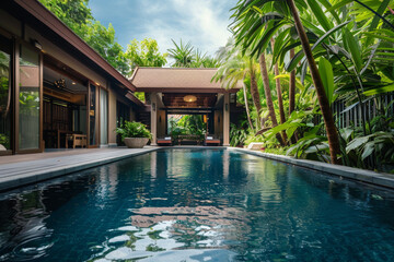 Obraz premium A large pool with a house in the background