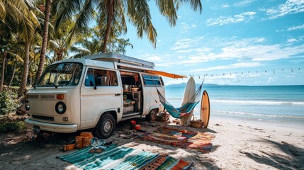 A vintage van life setup on a tropical beach, with surfboards leaning against the van, and colorful blankets and hammocks strung between palm trees