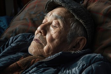 Fototapeta premium Elderly Man Sleeping Peacefully on Couch with Patterned Pillows