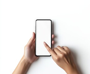 A person is holding a cell phone and pointing at the screen