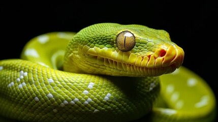 Fototapeta premium A green tree python, also known as Morelia viridis, is shown close up, ready to strike. The snake is isolated against a black background.