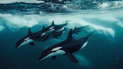 Obraz premium A group of killer whales swam together in a line, making their way through the cold, clear water of Antarctica.