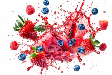 A splash of red and blue fruit juice with strawberries and blueberries