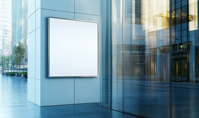 Blank billboard on modern building facade.