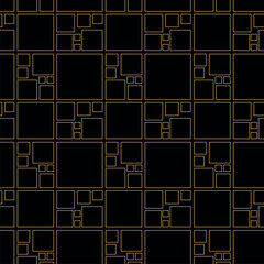 Abstract geometric pattern with squares, stripes, lines. Seamless vector background. Black and gold ornament. Modern graphic design.