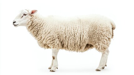 Fototapeta premium fluffy white sheep standing in profile detailed wool texture soft lighting isolated on pure white background studio animal portrait