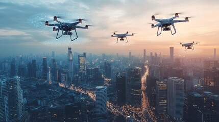 Naklejka premium Drones hover above a bustling cityscape at dusk, showcasing the intersection of technology and urban life with glowing buildings and busy streets below.