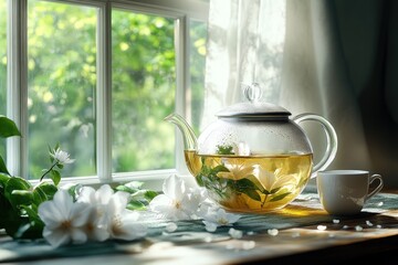A glass teapot filled with herbal tea and white flowers sits on a windowsill, bathed in sunlight.