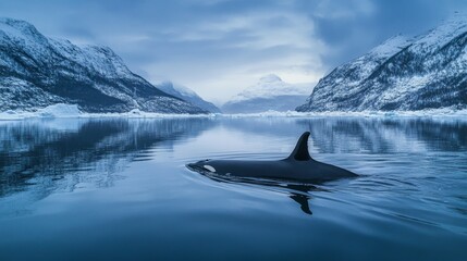 Naklejka premium A killer whale swims in the icy waters near Tromso, Norway.