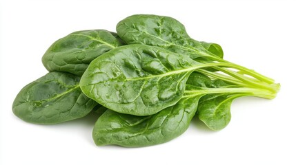 Obraz premium fresh bundle of vibrant green spinach leaves isolated on pure white background crisp detailed closeup showcasing leafy textures and natural variations in color
