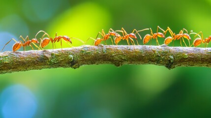 A line of ants crawls along a twig.