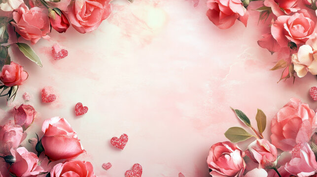 Happy Valentine Day. Template with pink roses and glittering hearts on a pink background. Bokeh effect. Horizontal banner. Copy space. Relationship, love, romance. For wedding invitation, poster, card