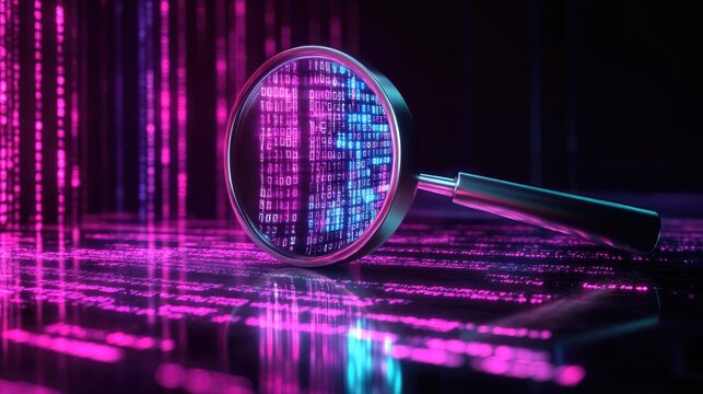 A magnifying glass examines colorful binary code in a digital data analysis context