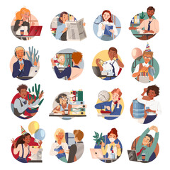 Man and Woman Office Staff Character at Workplace Vector Set