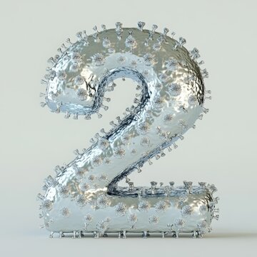 3D number 2 with virus texture realistic modern design, soft lighting, white background. 