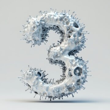3D number 3 with virus texture realistic modern design, soft lighting, white background.