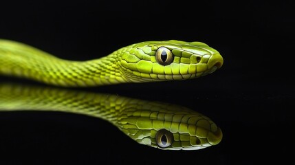 A long, green snake with a pointed nose is shown against a black background. You can see its reflection below it.