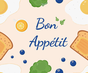Breakfast seamless pattern with toast, fried eggs, blueberries, broccoli, and a lemon tea. Bon Appetit design for kitchen decor or food projects. Vector art.