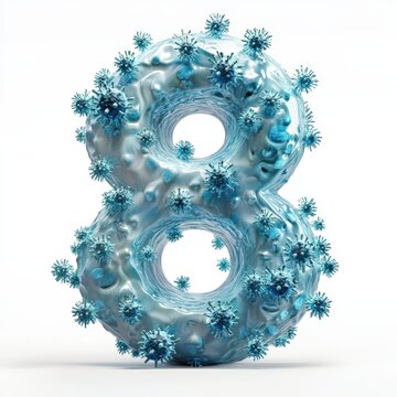 3D number 8 with virus texture realistic modern design, soft lighting, white background. 