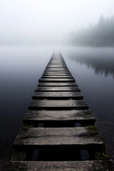 Naklejka premium A wooden bridge disappearing into the fog, spanning across a river shrouded in early morning mist