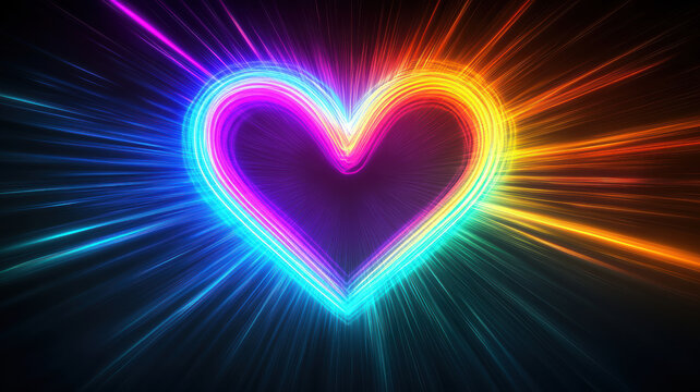 Vibrant abstract neon light heart on black