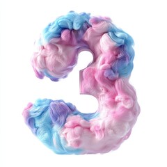 3D number 3 with colored cotton candy texture realistic modern design, soft lighting, white background. 
