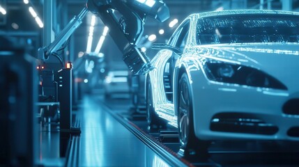 futuristic car manufacturing plant robotic arms assembling vehicles holographic quality control sleek production line