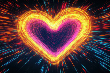 Radiant neon heart with abstract light trails