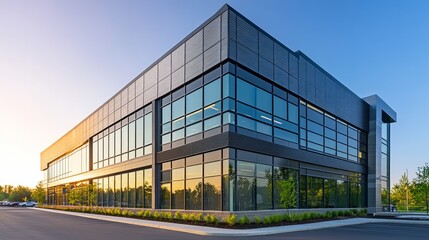 Fototapeta premium A modern office building with sleek aluminum panels and large windows. It has a unique design with angled steel panels on the outside.