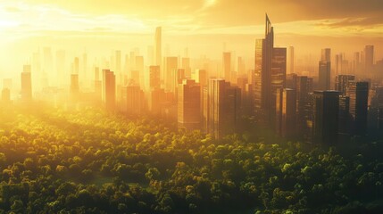Fototapeta premium futuristic cityscape blending sleek skyscrapers with lush green forests sustainable urban utopia bathed in golden sunlight