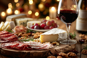 A table with a variety of food and a glass of wine