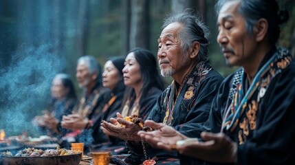 Ainu shamans conducting a sacred bear spirit ceremony in a forest clearing, with offerings of food and traditional chants echoing in the air