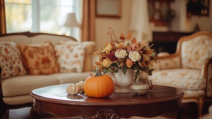 cozy thanksgiving living room pumpkin and floral centerpiece warm color palette soft lighting classic furniture inviting atmosphere