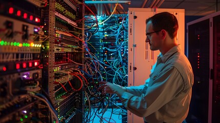 A technician works on complex network cables in a server room, surrounded by glowing servers and intricate wiring.